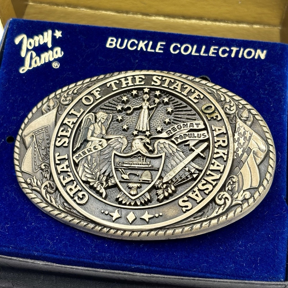 Vtg 1980s Tony Lama Belt Buckle State Series Seal of Arkansas Brass Western USA